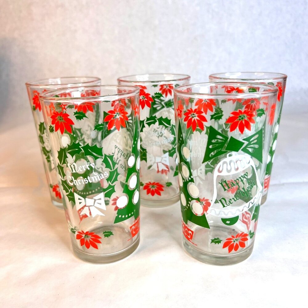 5 Vintage Hazel Atlas Tumblers Christmas Drinking Glasses Happy New Year 10 OZ‎